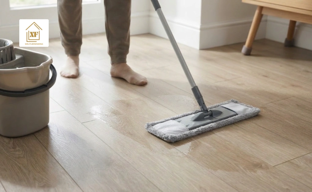 Person mopping a light wood plank vinyl floor with a damp microfiber mop alongside a bucket 