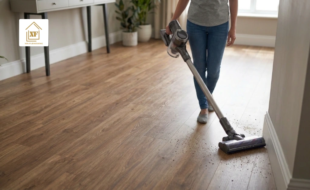 Person vacuuming dust and debris near baseboards using a cordless vacuum cleaner on a wood-look vinyl floor