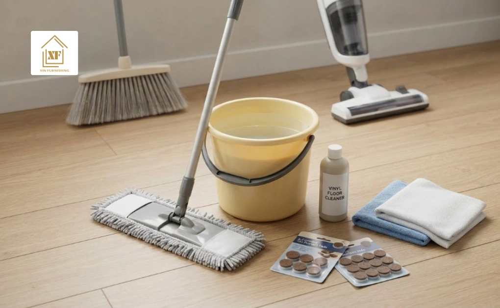 Microfiber mop bucket cleaner and cleaning tools arranged on a clean wooden vinyl floor for proper maintenance