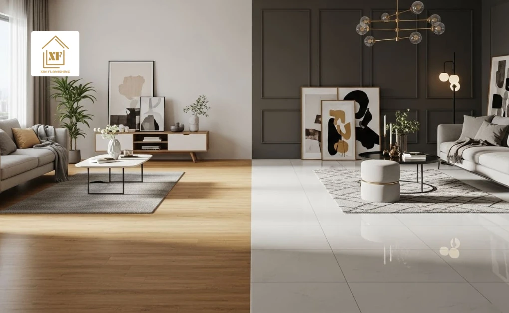 Split view of a living room with wood laminate on the left and white gloss tile on the right