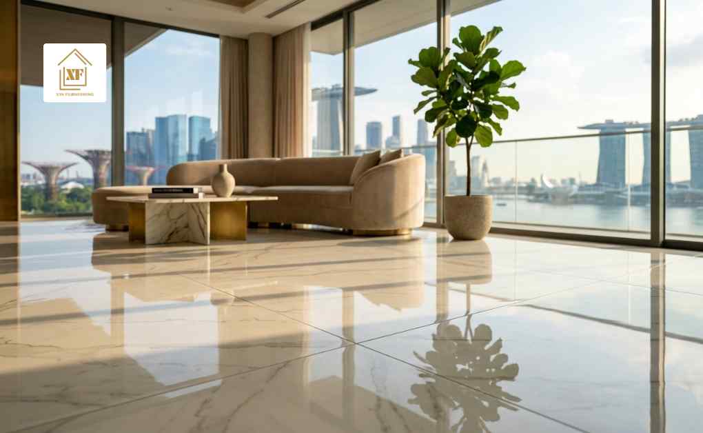 A modern luxury living room with glossy ceramic floor tiles