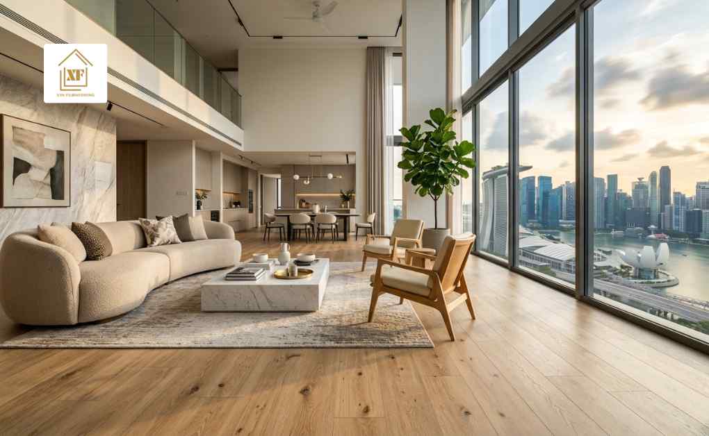 Spacious open-plan living room with wood-look vinyl plank flooring