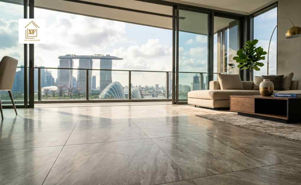 Contemporary living room with large vinyl tile flooring in stone look