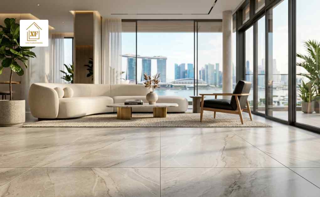 Elegant living room featuring polished porcelain tile flooring