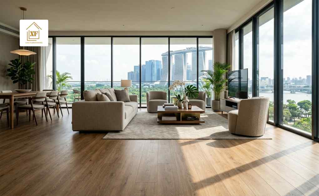 Modern apartment living room with SPC wood-look flooring