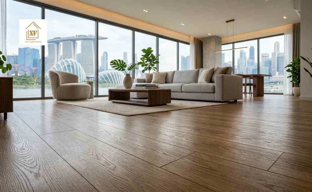 Luxury modern living room interior with premium wooden flooring