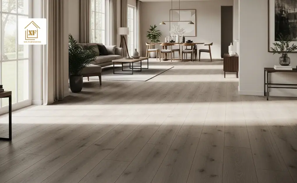 Wide plank wood look vinyl flooring in an open-concept modern home, a top trending style for 2026 interiors.