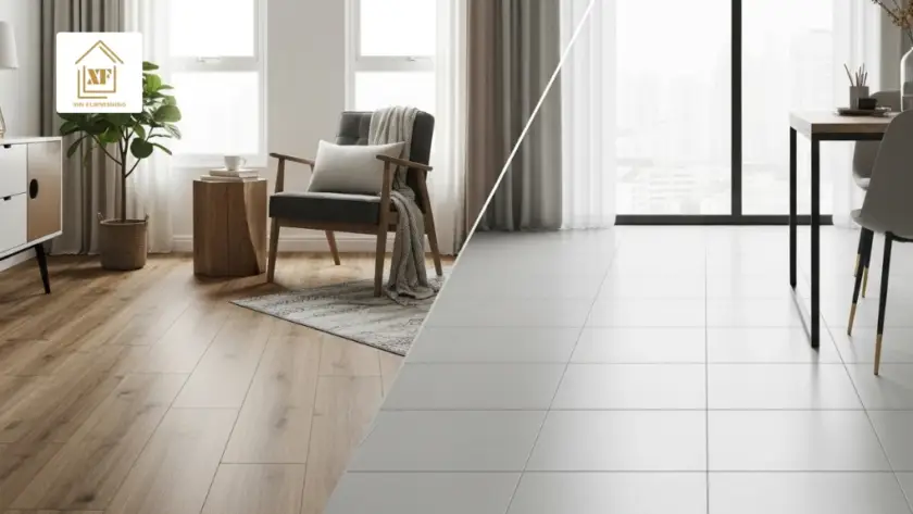 A side-by-side comparison of wood-effect Vinyl Flooring vs Homogeneous Tiles in a modern Singapore home interior