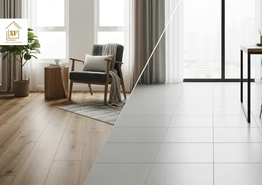 A side-by-side comparison of wood-effect Vinyl Flooring vs Homogeneous Tiles in a modern Singapore home interior
