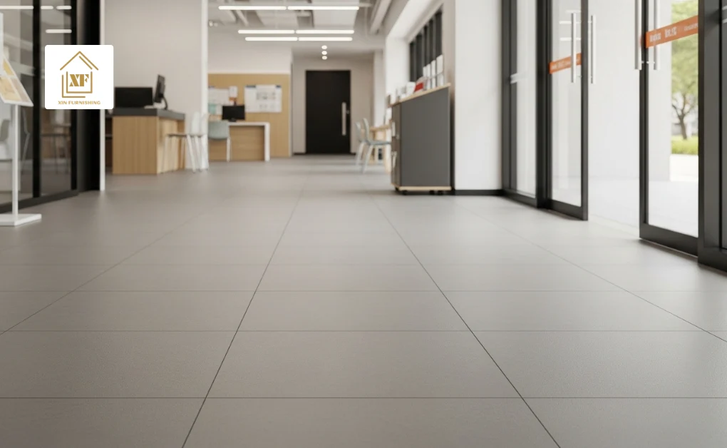 Commercial hallway featuring what are homogeneous tiles, offering superior wear resistance when deciding between vinyl flooring vs homogeneous tiles