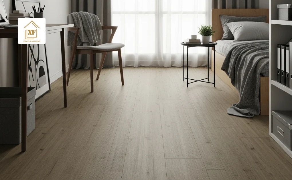 Understanding what is vinyl flooring: a stylish wood-effect bedroom floor showing the balance of vinyl flooring vs homogeneous tiles in a home.