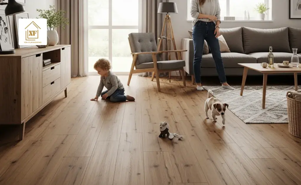 Durable wood look vinyl flooring resists scratches from pets and kids playing in a modern family living room.