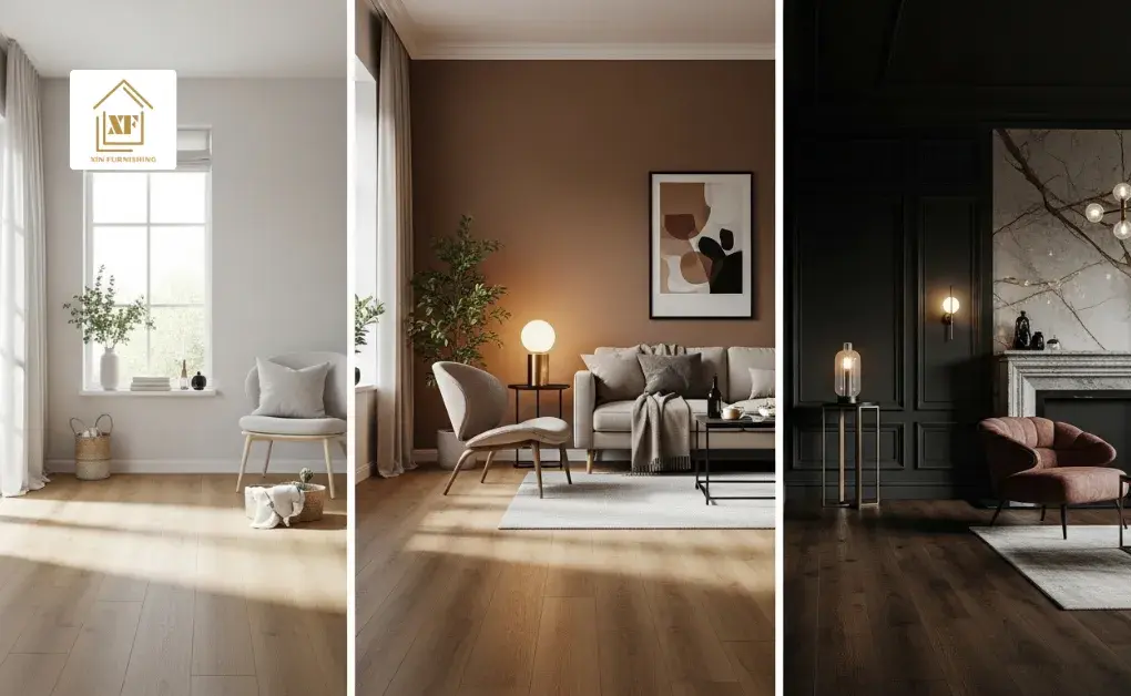Comparison of light, medium, and dark wood look vinyl flooring shades for modern home interior design.