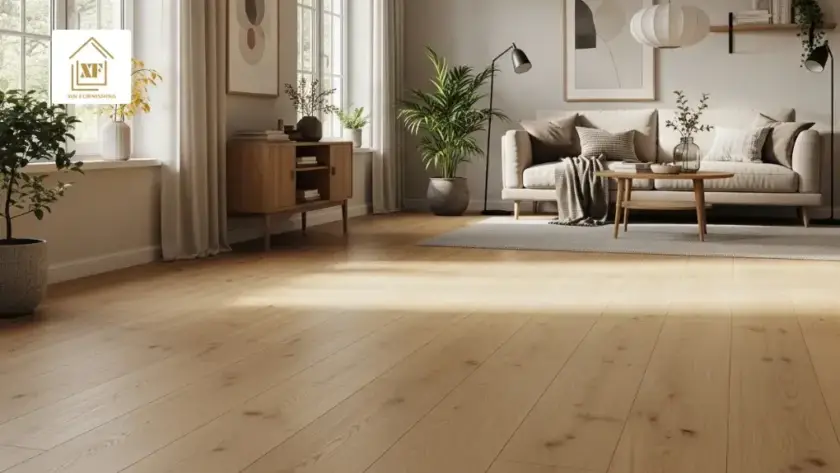 Modern living room with light wood look vinyl flooring, wide planks, and minimalist furniture in natural sunlight.