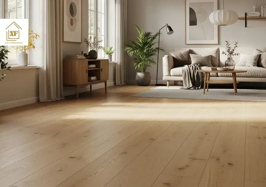 Modern living room with light wood look vinyl flooring, wide planks, and minimalist furniture in natural sunlight.