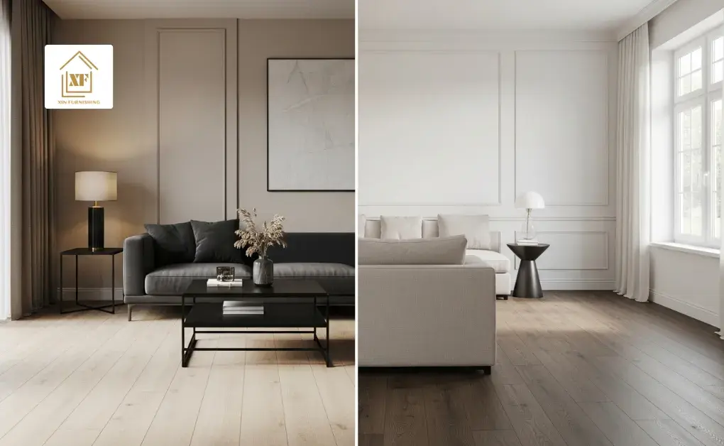 Contrast design ideas showing light and dark wood look vinyl flooring with matching modern furniture and wall colors.