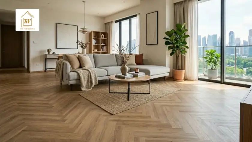 A modern living room with warm natural brown herringbone vinyl flooring in Singapore featuring a grey L-shaped sofa and a city view balcony