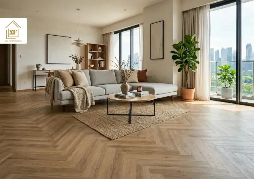 A modern living room with warm natural brown herringbone vinyl flooring in Singapore featuring a grey L-shaped sofa and a city view balcony