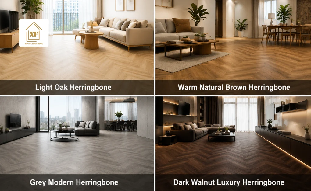 Four popular herringbone design styles by Xin Furnishing showing light oak warm natural brown grey modern and dark walnut luxury vinyl options