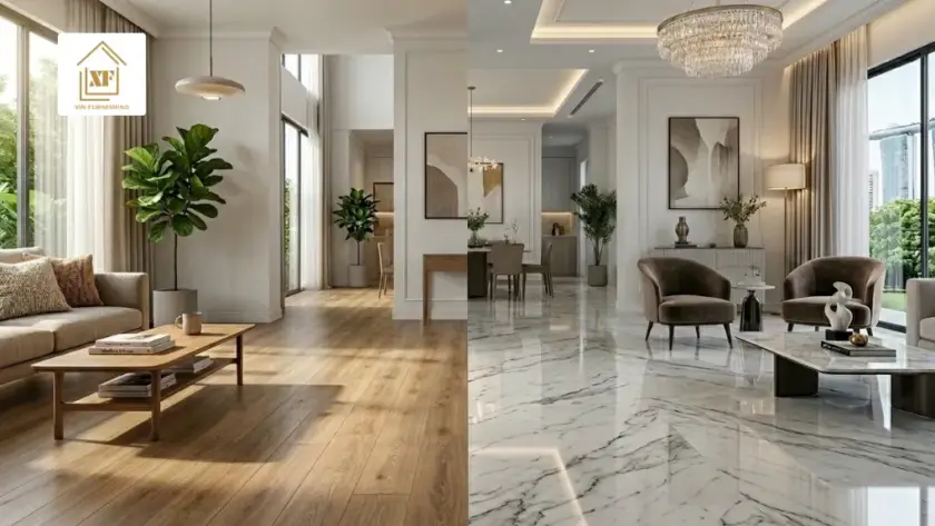 A side by side comparison of vinyl flooring vs marble showing a warm wooden vinyl living room and a luxurious marble hall