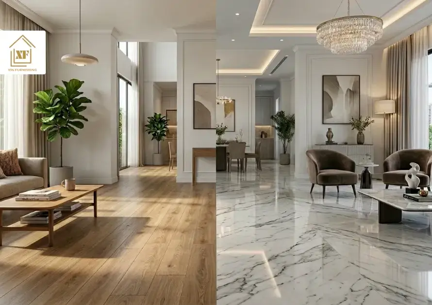 A side by side comparison of vinyl flooring vs marble showing a warm wooden vinyl living room and a luxurious marble hall