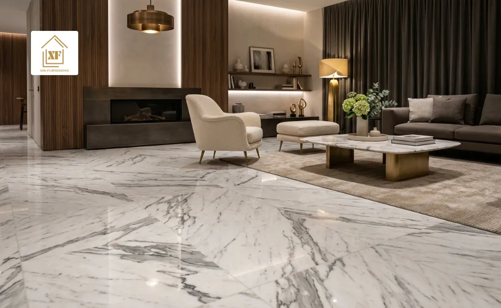 An elegant living room space highlighting what is marble flooring with polished natural stone tiles and luxury furniture