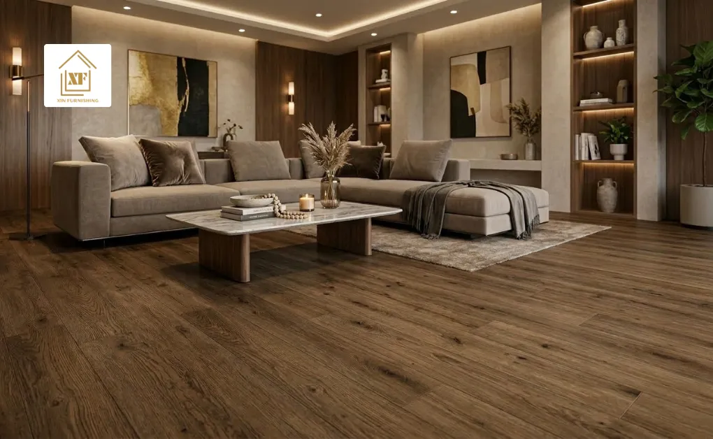 A cozy modern living room showcasing what is vinyl flooring with a beautiful natural dark wood look setup