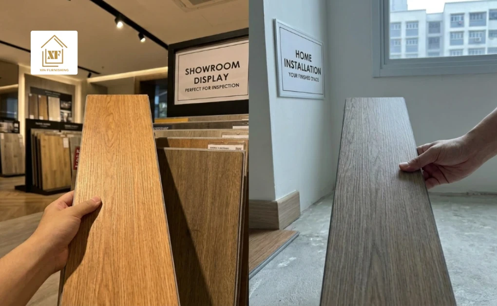 Comparing vinyl flooring colour samples in warm showroom lighting versus natural home lighting to ensure an accurate choice