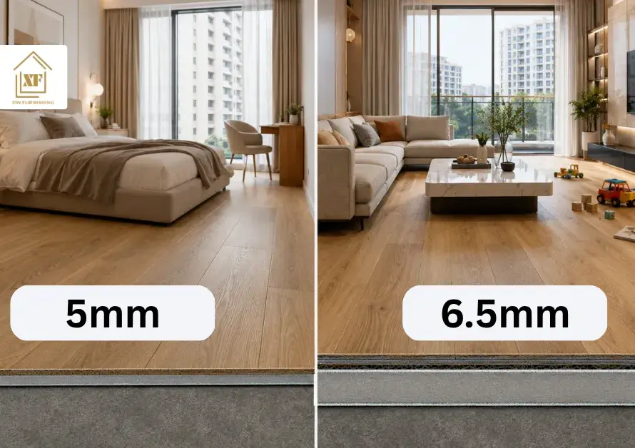 5mm vs 6.5mm vinyl flooring thickness comparison for Singapore bedroom and living room