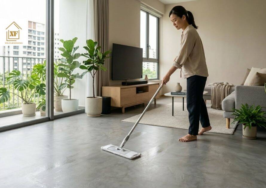 Woman mopping microcement vinyl flooring in a modern Singapore home, keeping the concrete-look surface clean and well-maintained