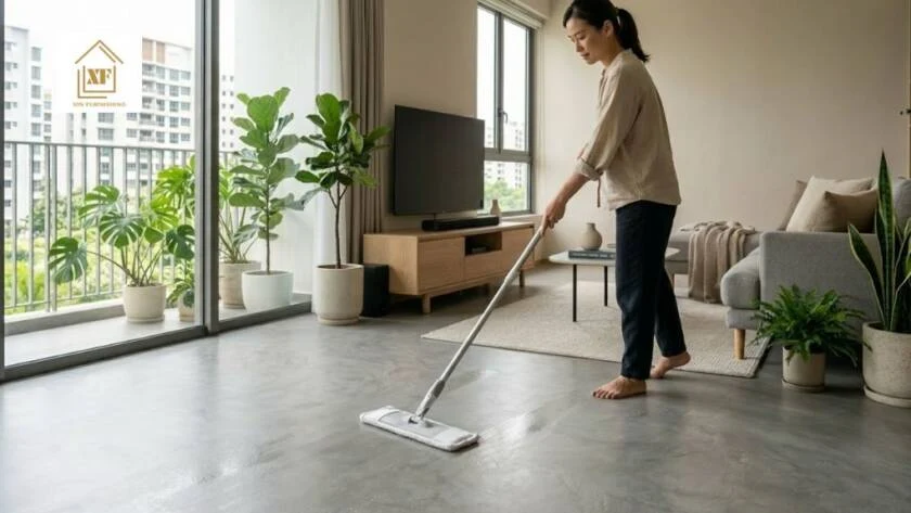 Woman mopping microcement vinyl flooring in a modern Singapore home, keeping the concrete-look surface clean and well-maintained