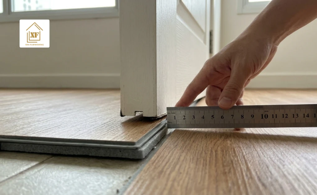 Checking door clearance height before installing new vinyl flooring to ensure the door opens and closes properly