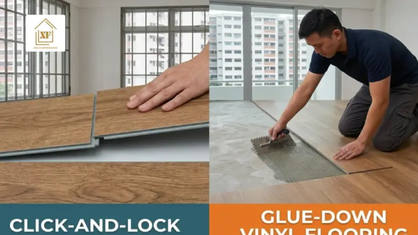 A side-by-side comparison of Click-and-Lock vs Glue-Down Vinyl Flooring installation methods.
