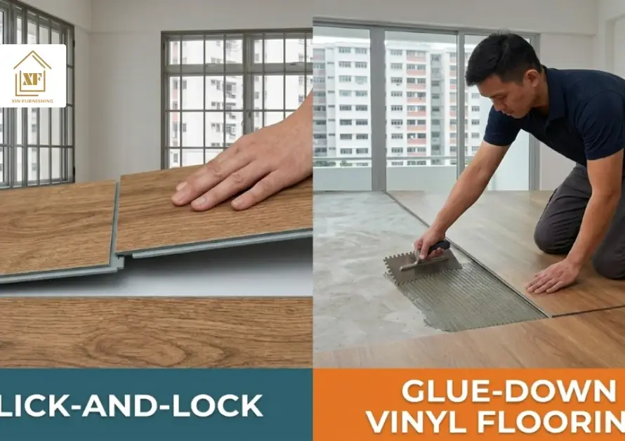 A side-by-side comparison of Click-and-Lock vs Glue-Down Vinyl Flooring installation methods.