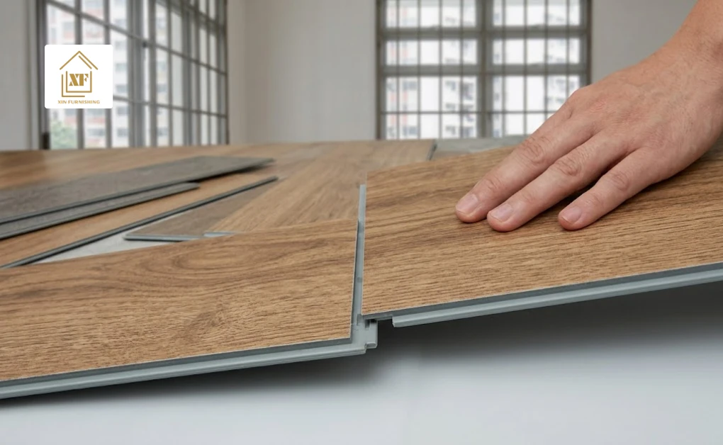 click-and-lock vinyl planks being installed together, showcasing the easy interlocking mechanism for home flooring.