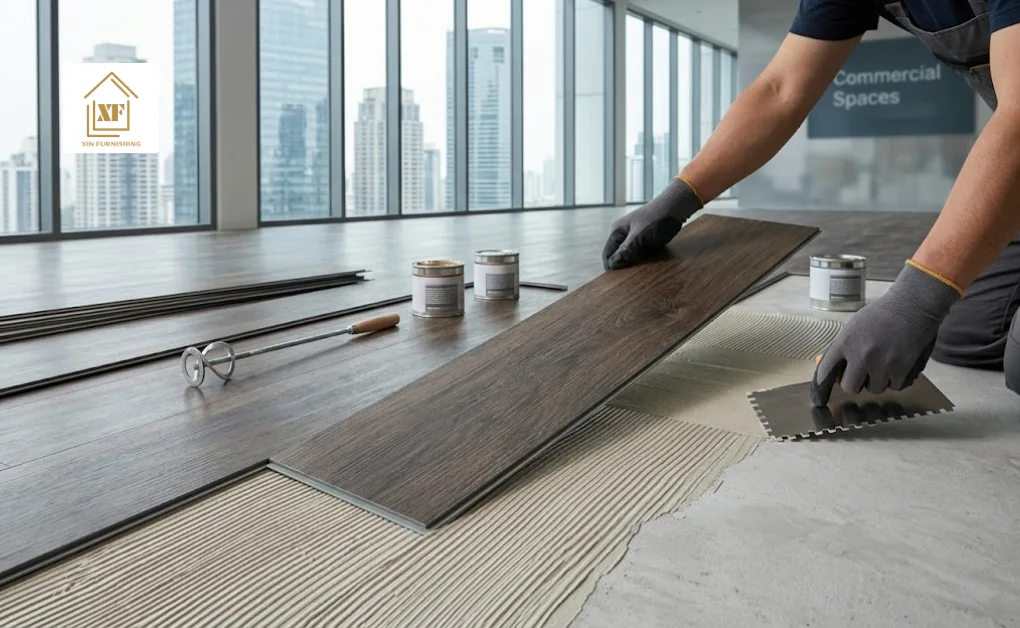 Professional installer applying adhesive to subfloor for glue-down vinyl plank flooring in a commercial space.