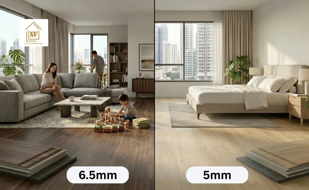 How thick should vinyl flooring be, 6.5mm for Singapore living room and 5mm for bedroom comparison