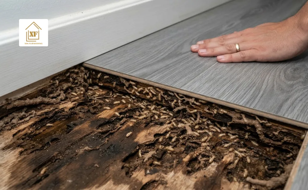 Answering do termites eat vinyl flooring with a look at pests chewing subfloor wood while top vinyl stays clean.