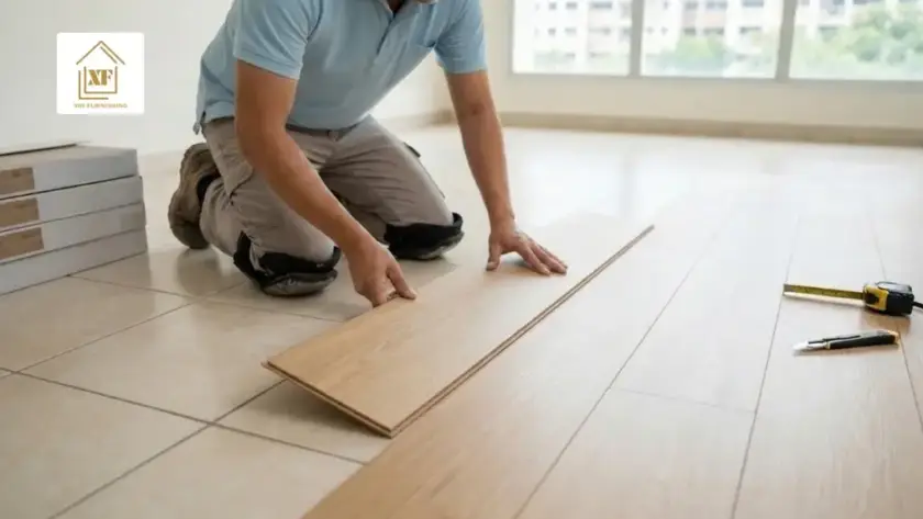 Professional installer laying wood-look vinyl planks over existing ceramic tiles to show how you can install vinyl flooring over tile in Singapore homes.