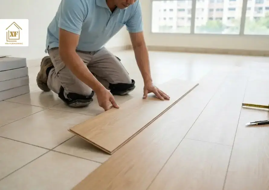 Professional installer laying wood-look vinyl planks over existing ceramic tiles to show how you can install vinyl flooring over tile in Singapore homes.