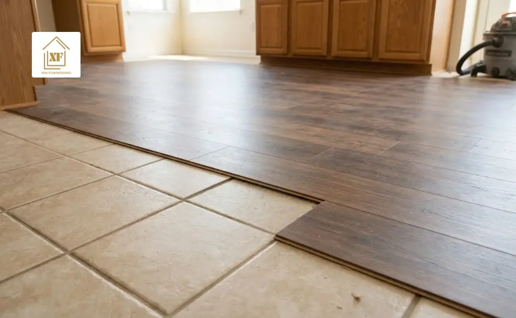 Dark wood-grain vinyl planks transitioning neatly over beige ceramic tiles in a kitchen, demonstrating whether Can You Install Vinyl Flooring Over Tile in your space.