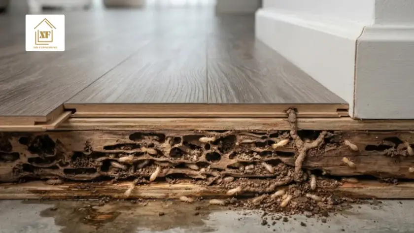 Cross section showing if do termites eat vinyl flooring, revealing mud tubes and structural wood rot under a clean plank.