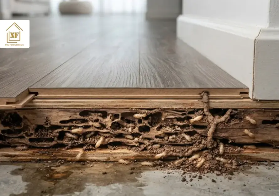Cross section showing if do termites eat vinyl flooring, revealing mud tubes and structural wood rot under a clean plank.