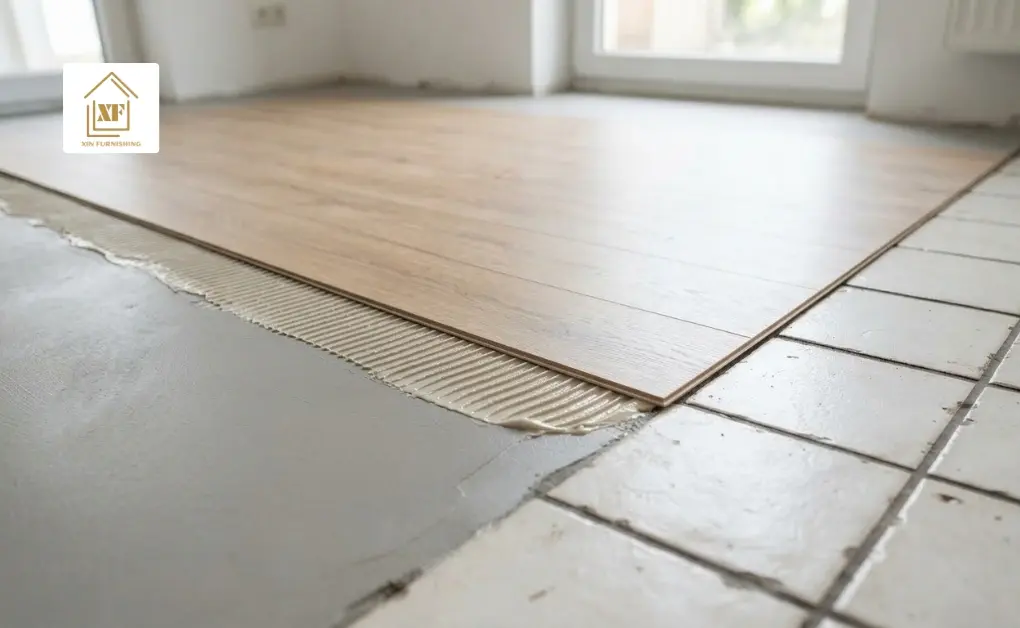 Installing glue-down vinyl flooring directly over an existing tiled surface with adhesive, showing that you can install vinyl flooring over tile.