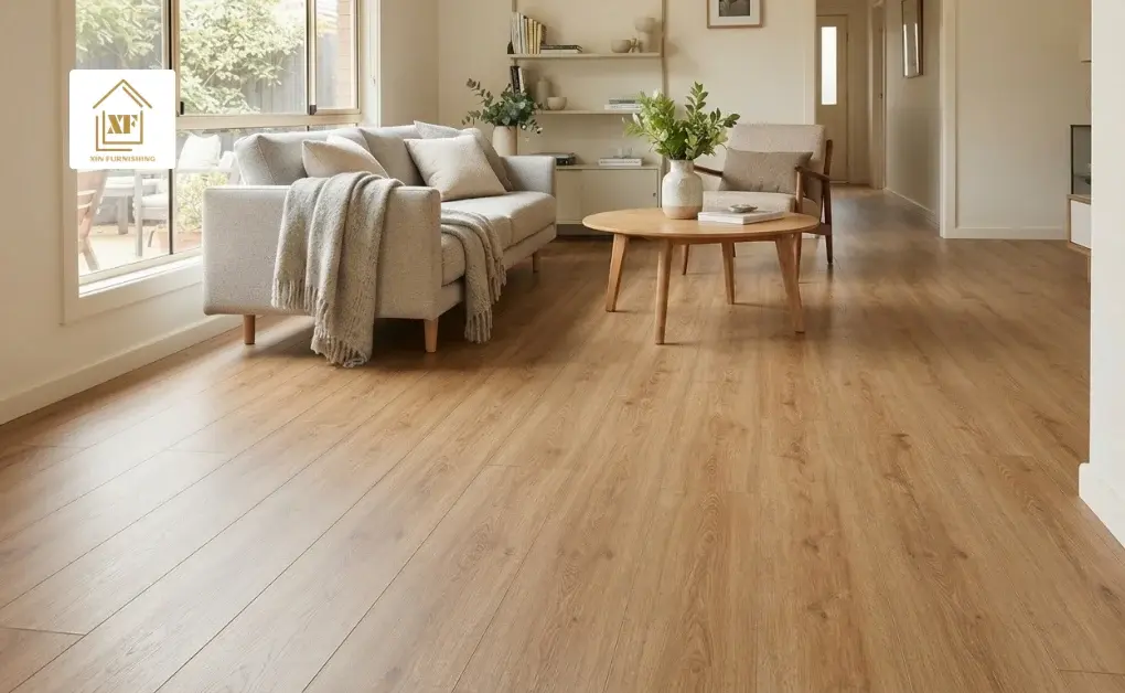 A modern living room with finished luxury vinyl planks, proving that putting vinyl flooring over tile gives a clean look