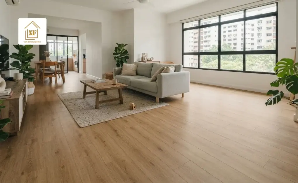 A bright living area showcasing newly laid SPC Flooring over existing floor tiles