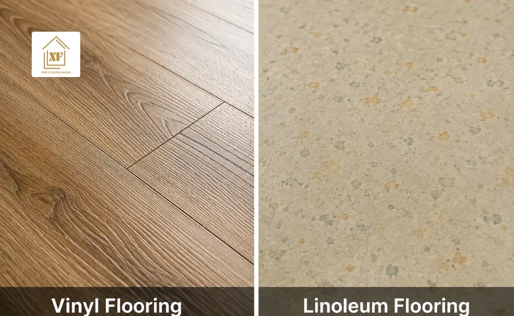 Linoleum vs vinyl flooring comparison showing detailed wood-look vinyl planks beside soft matte, speckled linoleum flooring.
