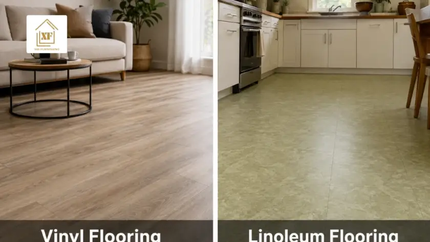 Vinyl vs Linoleum Flooring comparison showing realistic wood-grain vinyl and smooth, speckled linoleum flooring surfaces.
