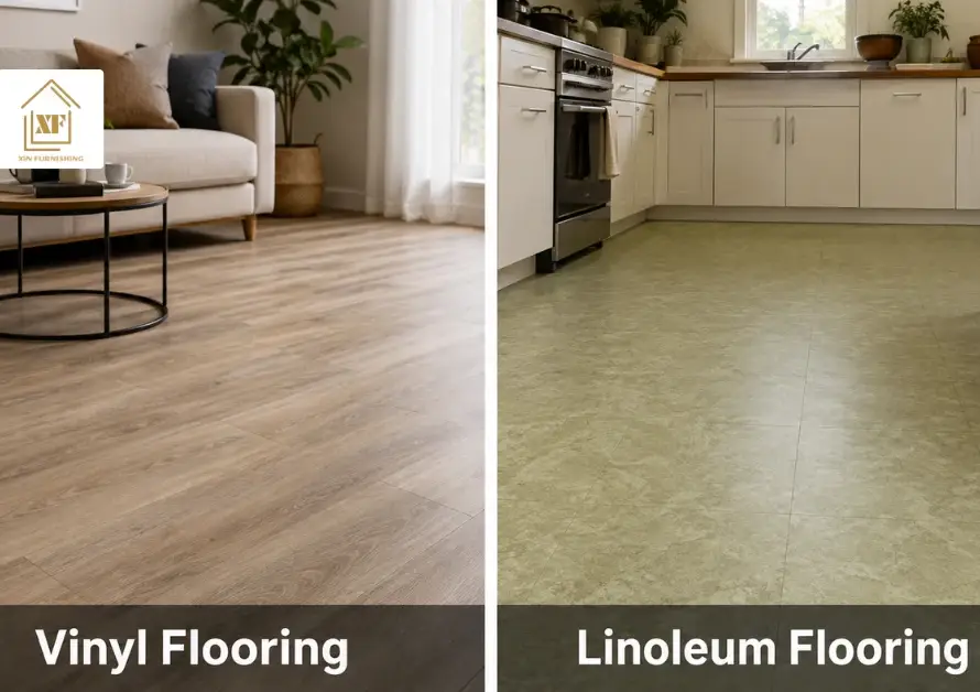 Vinyl vs Linoleum Flooring comparison showing realistic wood-grain vinyl and smooth, speckled linoleum flooring surfaces.