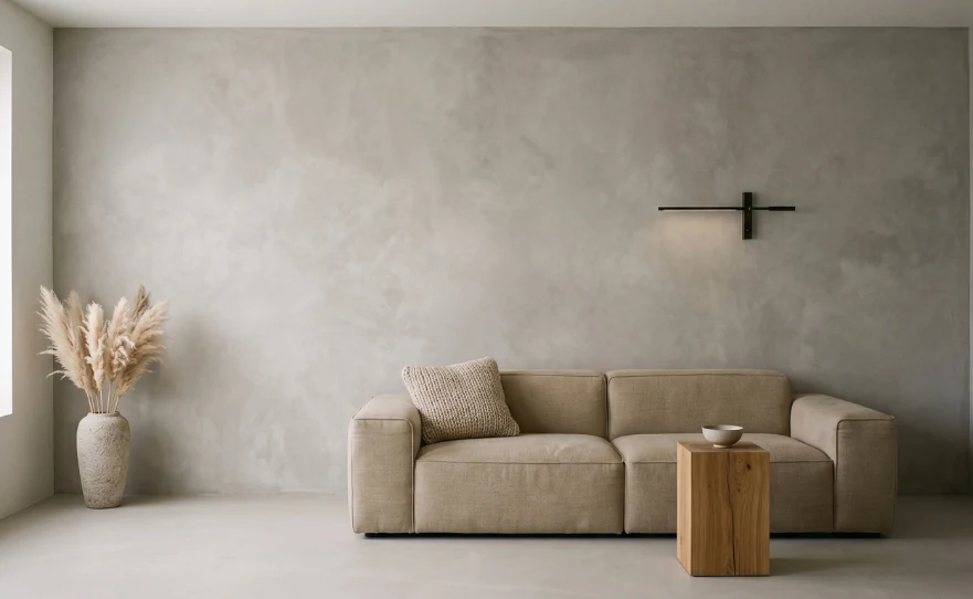 Concrete and limewash-effect panels